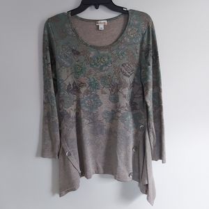 World Unity Shirt Womens Size M Green Gold Asymmetric Studded Top 1822